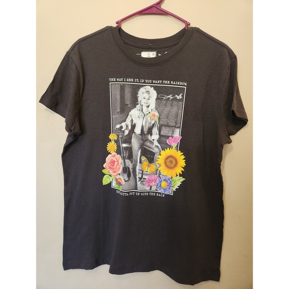 Dolly Parton Tops - Dolly Parton Rainbow Quote Graphic T-Shirt Charcoal Black Mad Engine Womens Med